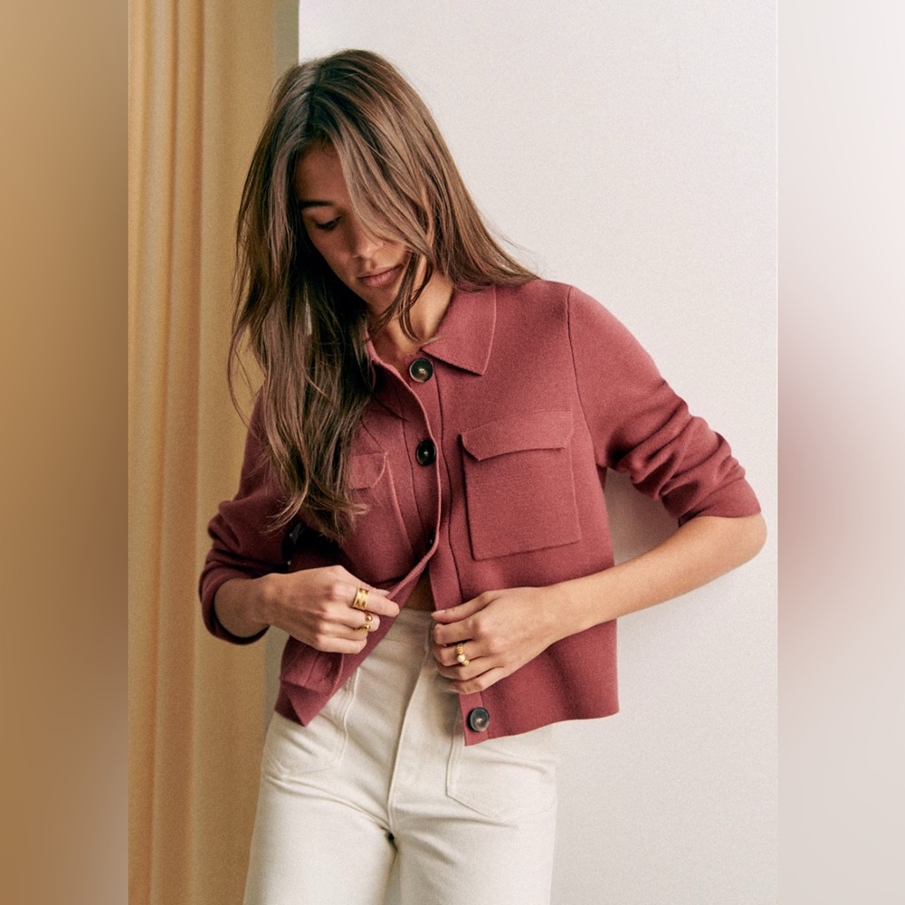 Sezane Dusty Rose Button-Front Pocket Cardigan